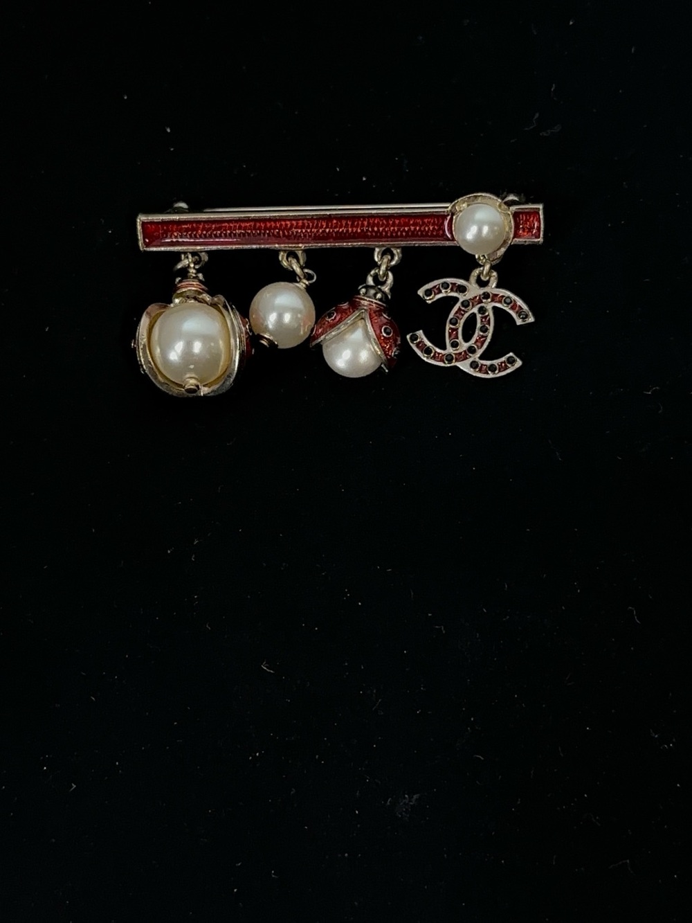 CHANEL Gold-Tone Pearl & Red Enamel Dangle Brooch